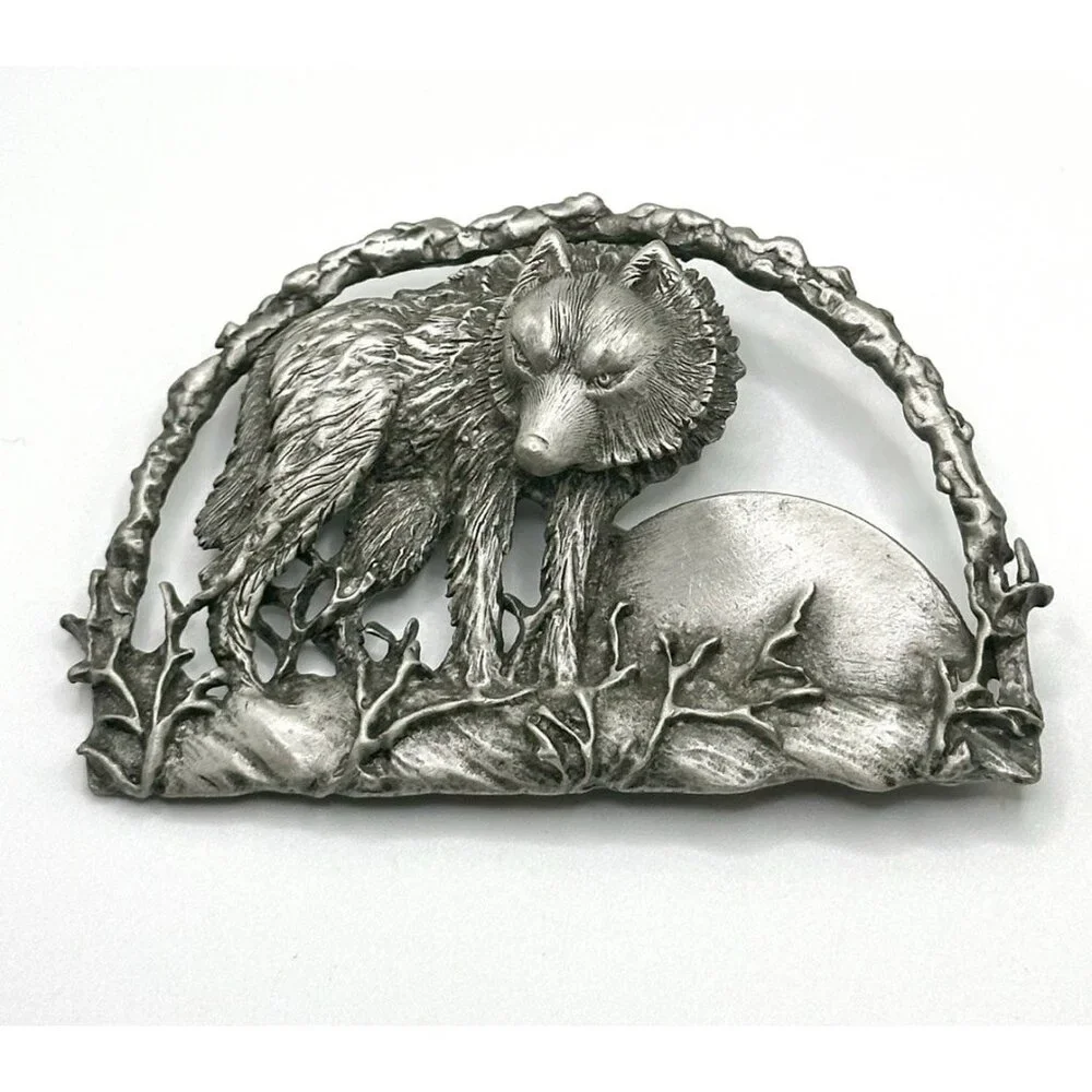 Vintage JJ Jonette 3D Wolf Pin‎ Brooch Wolves in Woods With Moon Metal